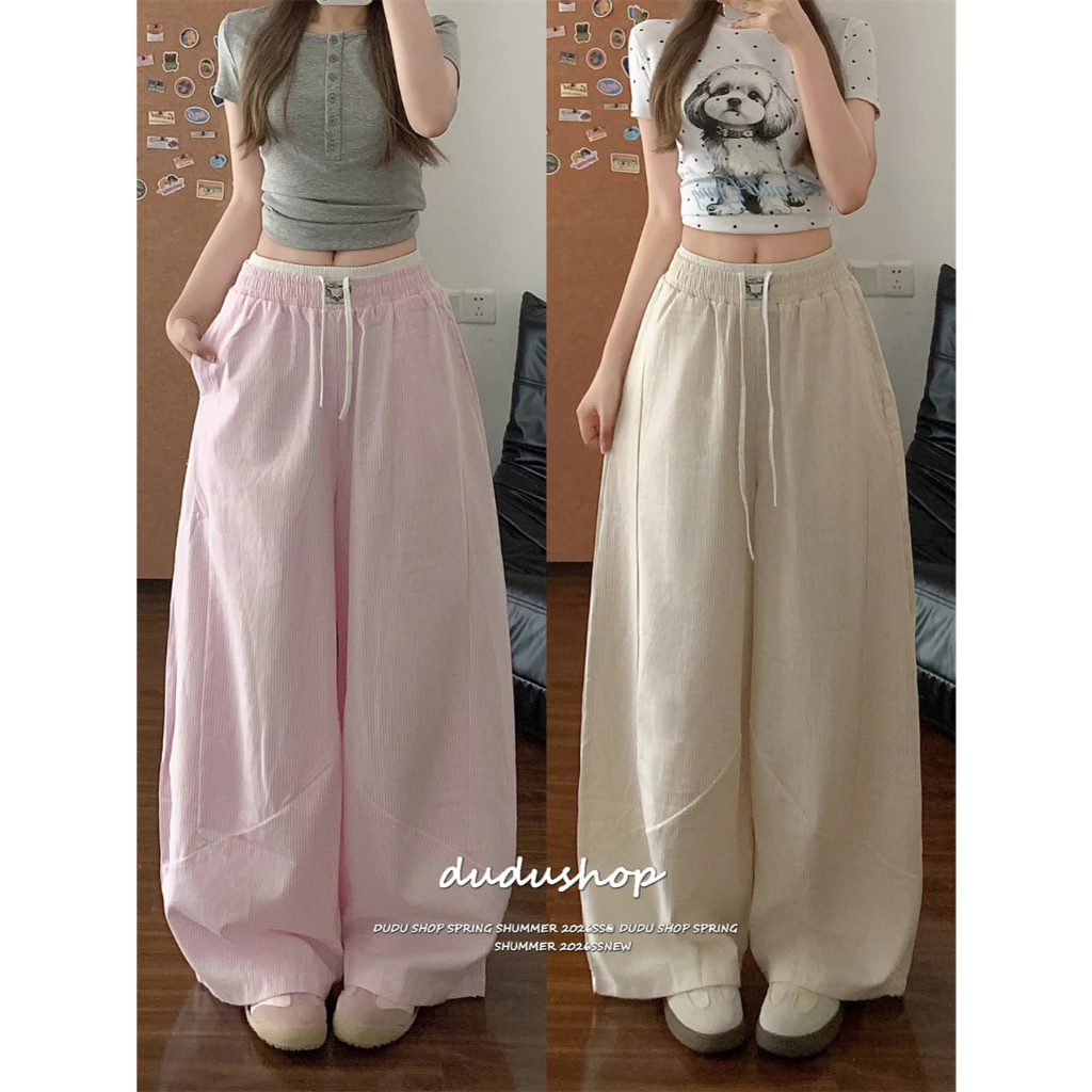 [Summer quick drying fabric, wide leg pants]เกาหลีรุ่นวินเทจผู้หญิงสบาย ๆ แจ๊สเต้นรำกีฬาลมกว้างขากางเกง