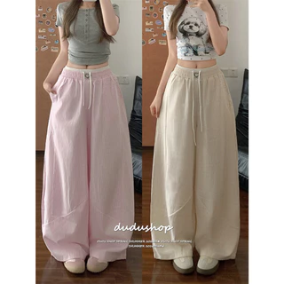 [Summer quick drying fabric, wide leg pants]เกาหลีรุ่นวินเทจผู้หญิงสบาย ๆ แจ๊สเต้นรำกีฬาลมกว้างขากางเกง