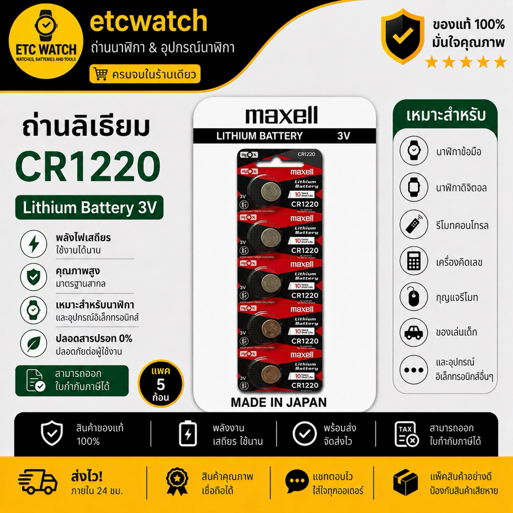 พร้อมส่ง> ถ่านกระดุม Maxell CR1220 1แผง 5ก้อน