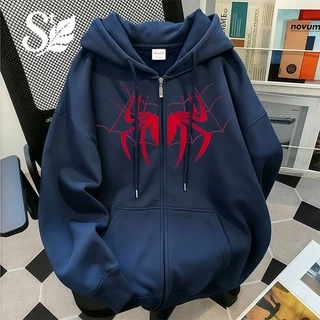 เสื้อฮู้ดมีซิปแขนยาวลายแมงมุมสีแดง สไตล์อเมริกัน ทรงหลวม Unisex ผ้าฝ้ายคุณภาพสูง เนื้อผ้านุ่มกันลม มี 12 สี พร้อมส่ง สต็