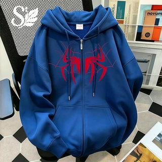 เสื้อฮู้ดมีซิปแขนยาวลายแมงมุมสีแดง สไตล์อเมริกัน ทรงหลวม Unisex ผ้าฝ้ายคุณภาพสูง เนื้อผ้านุ่มกันลม มี 12 สี พร้อมส่ง สต็