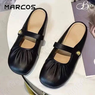 MARCOS รองเท้าแตะผู้หญิง แมรี่เจน ดีไซน์ร่องรอย สีขาว/ดำ ส้นแบน ใส่สบาย กันลื่น สไตล์เกาหลี ลำลอง สำหรับทุกโอกาส