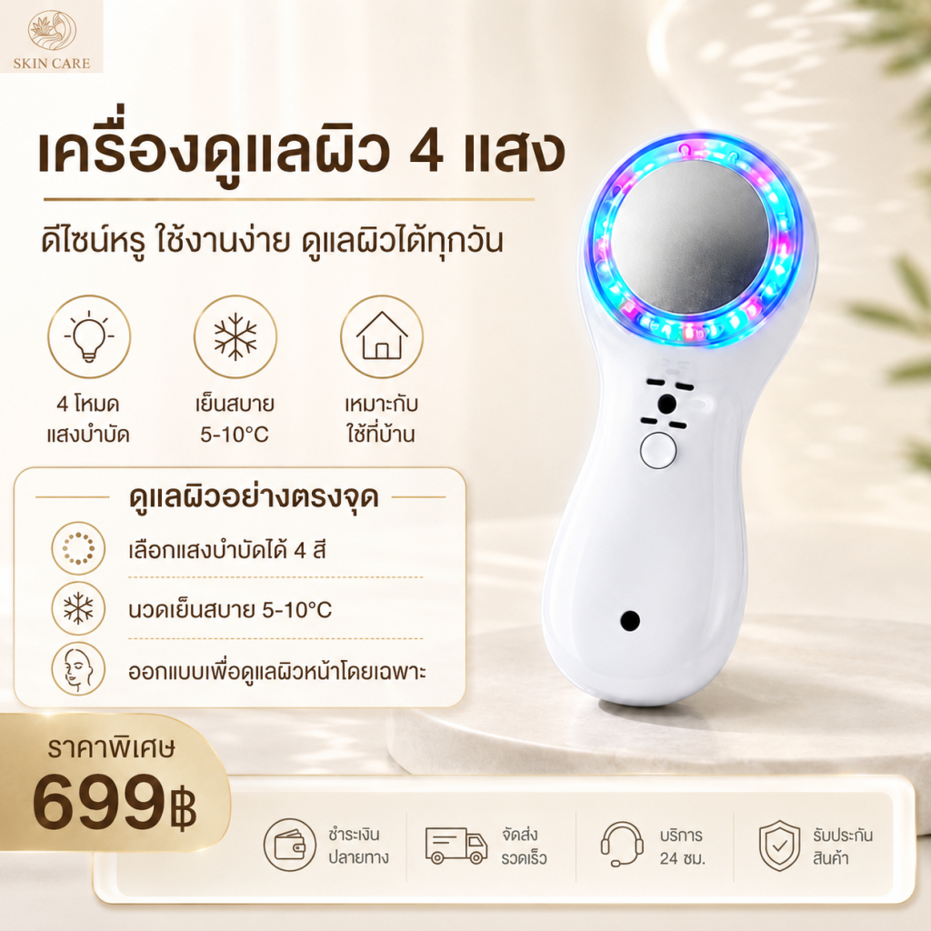 SKIN CAREเครื่องนวดหน้ายกกระชับ เครื่องนวดหน้าไครโอเย็น แสง 4 สี CRYO COLD ช่วยฟื้นฟูทุกปัญหาผิว ปรับสมดุล-รับประกัน 1 ป