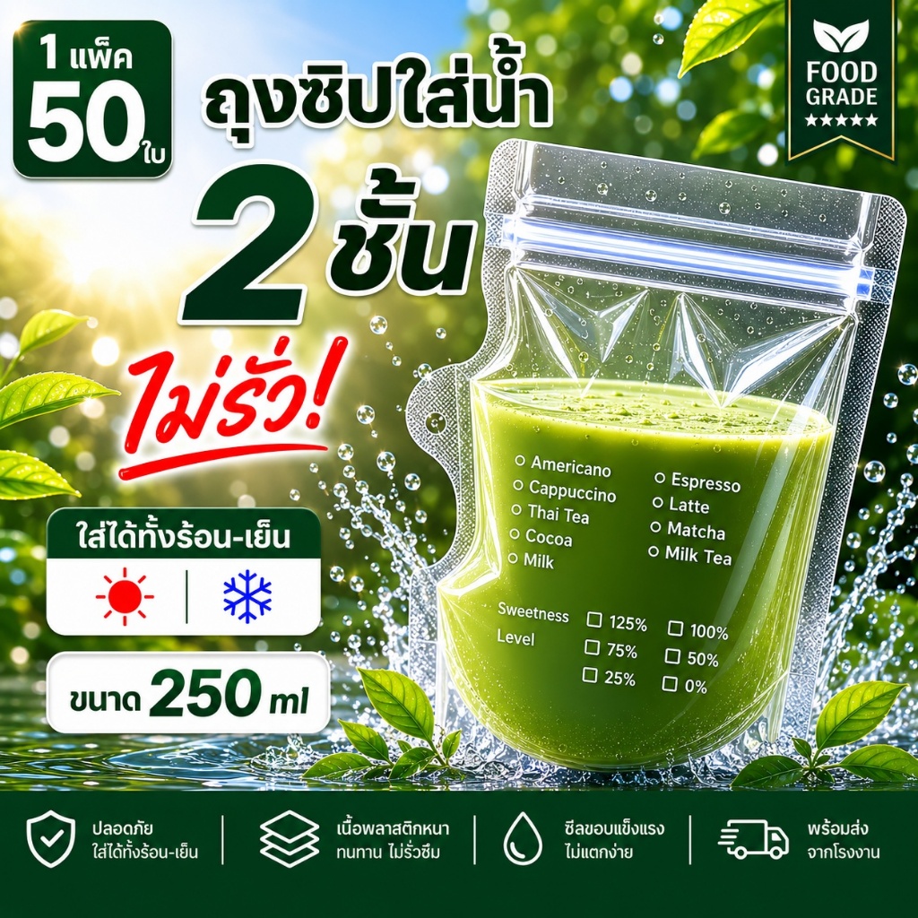 ส่งฟรี ถุงใส่น้ำ ใส่กาแฟ แบบซิปคู่ ก้นตั้งได้ Food Grade