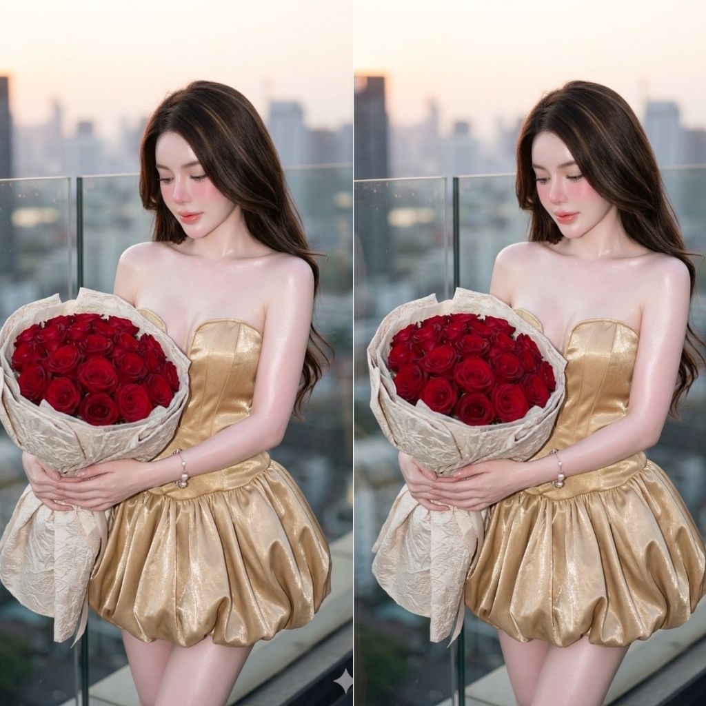 เดรสเกาะอกเสริมฟองน้ำผ้าซาติน