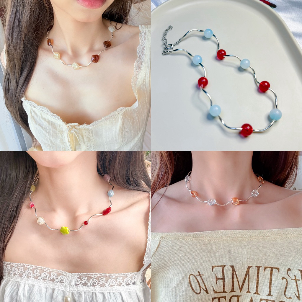 สร้อยคอสีเงินลูกปัดอะคริลิค งานแฮนด์เมด🧚🏻‍♀️🫧🩵🎨 พร้อมส่ง