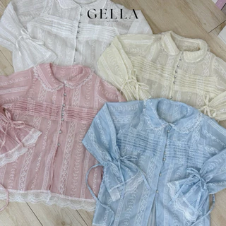 GELLA (LUNA TOP)-เสื้อคอบัวแขนยาวแต่งลูกไม้ปักฉลุเชือกผูกหลัง