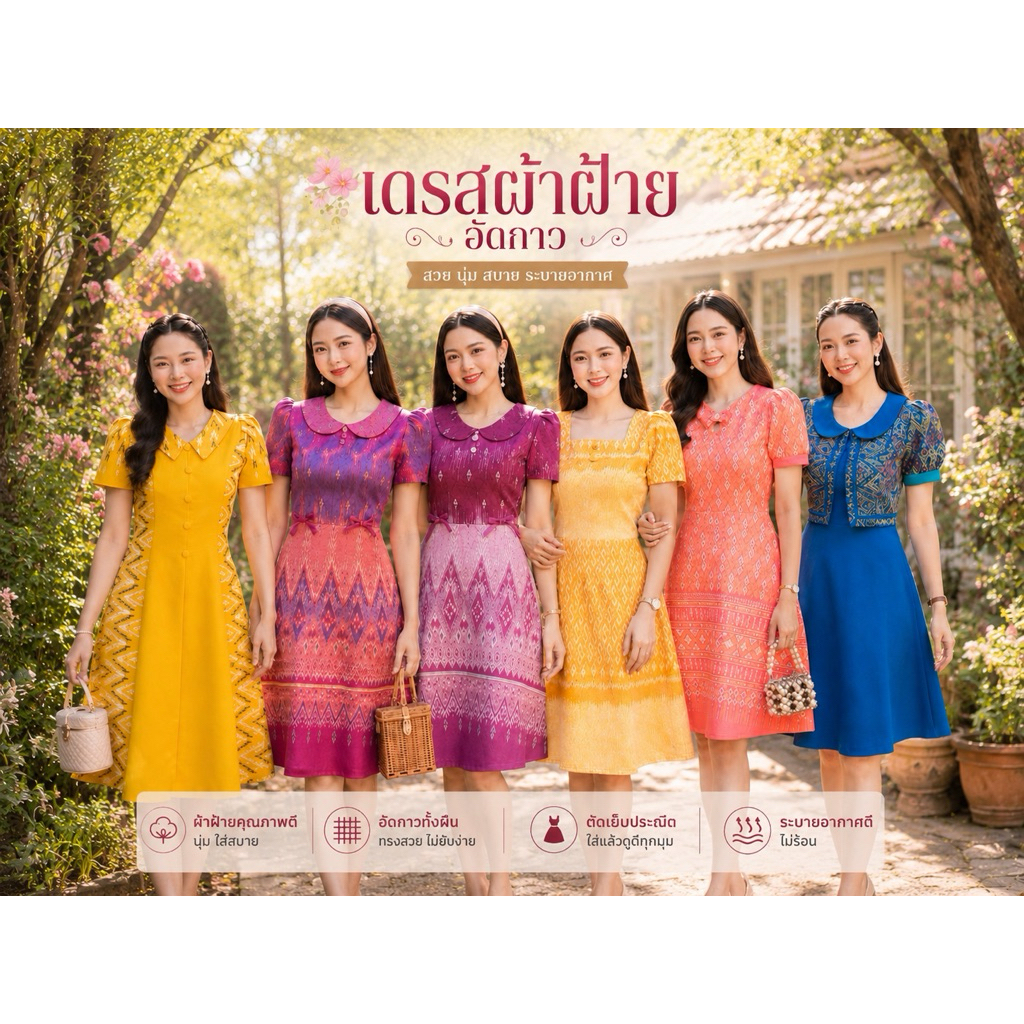 ชุดผ้าไทย ผ้าฝ้ายอัดกาว ตัดเย็บดีพร้อมส่ง