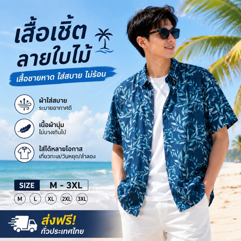 เสื้อฮาวายผู้ชาย ลายใบไม้ เสื้อเชิ้ตชายหาด แขนสั้น ใส่สบาย ระบายอากาศดี เที่ยวทะเล M-3XL