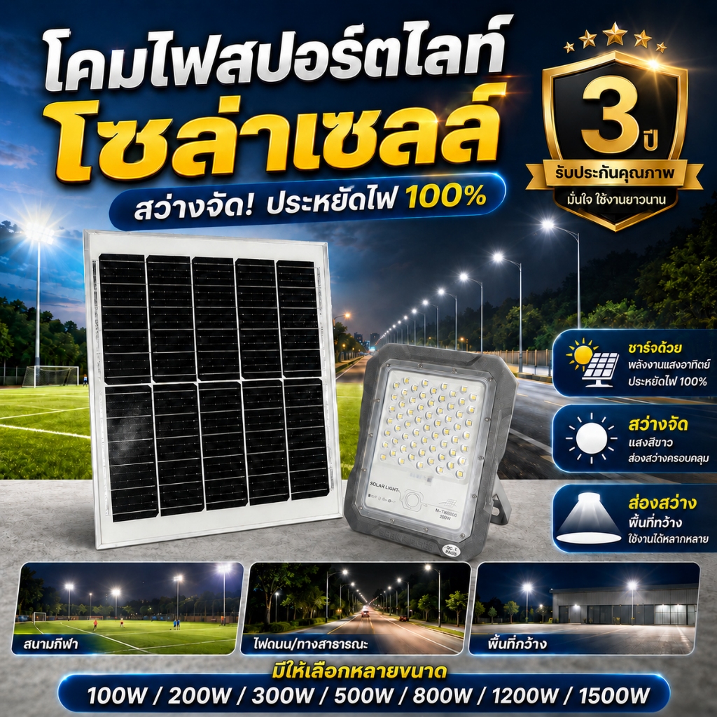 Sport X Solar Spotlight 100W-1500W No Wiring Required Long-Lasting Illumination IP65 Durable Aluminum 3m-6m Pole