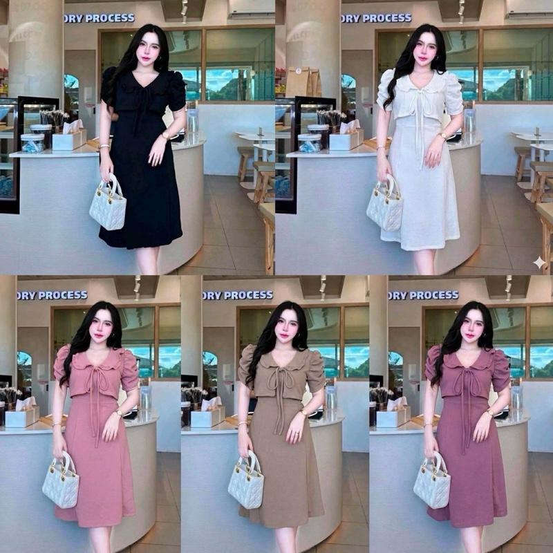 LR6_ เดรสคอระบายผูกโบว์ สุภาพเรียบร้อย เรียบหรู ดูดี ใส่ทำงาน ใส่เที่ยวได้