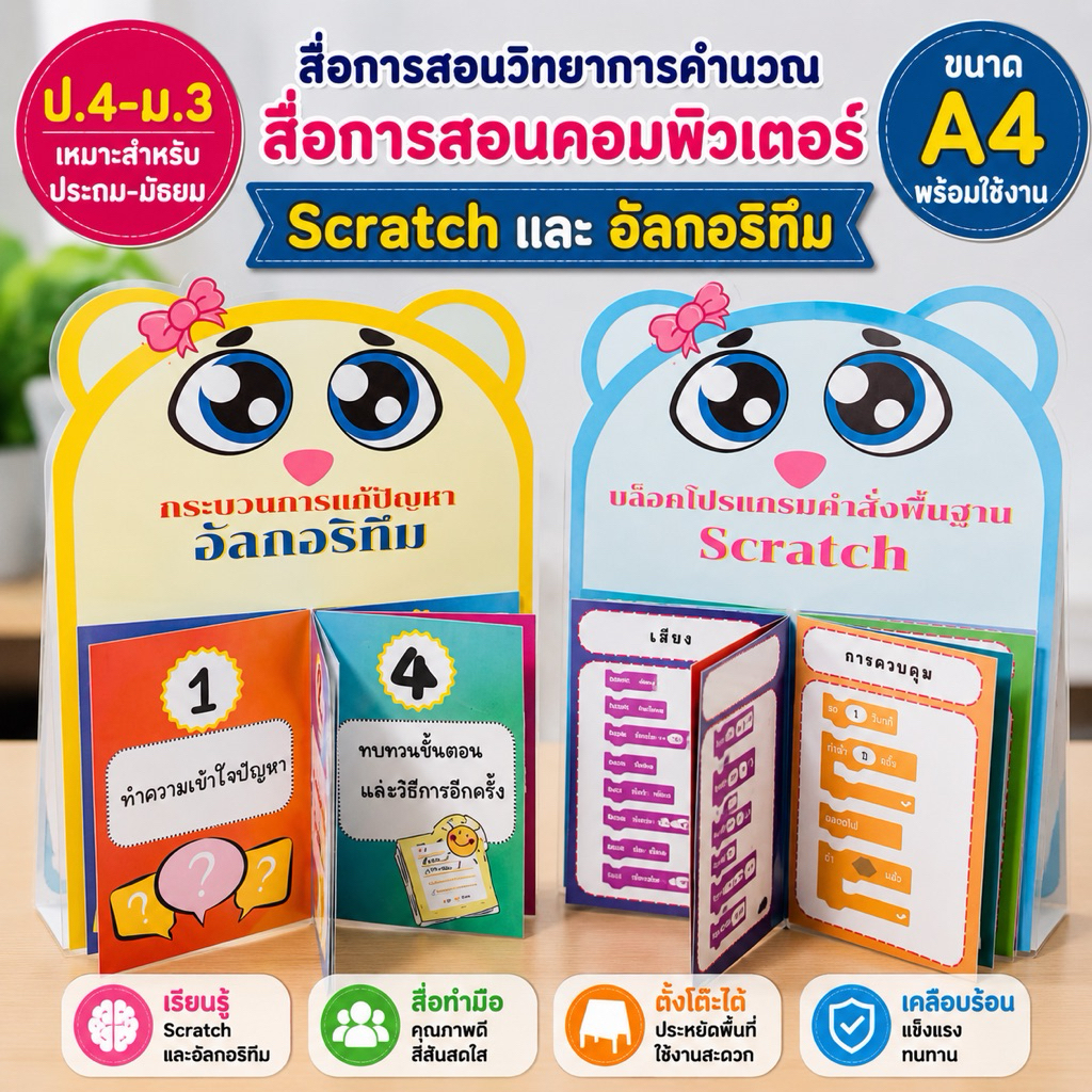 สื่อการสอนวิทยาการคำนวณ สื่อการสอนคอมพิวเตอร์ ตาแป๋ว Scratch และอัลกอริทึม สื่อทำมือ ตั้งโต๊ะได้ A4 พร้อมใช้งาน