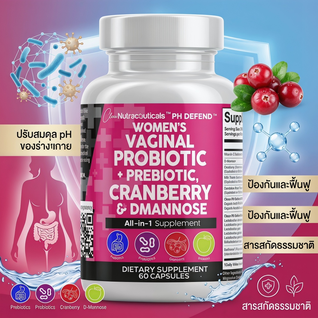 Clean Nutraceuticals โปรไบโอติกส์ผู้หญิง D-Mannose 60 แคปซูล บำรุงสุขภาพจุดซ่อนเร้น ปรับpH ทางเดินปัสสาวะ พรีไบโอติก