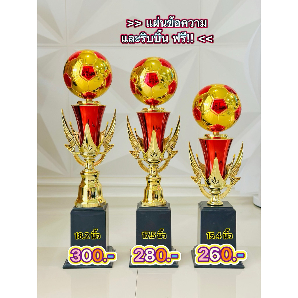 ถ้วยรางวัลฟุตบอล (แยกชิ้น) ข้อความ ริบบิ้นฟรี !!