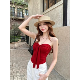 เสื้อท๊อปเกาะอก เสื้อเกาะอกสีแดง รัดรูป ใส่ไปเที่ยว ออกแบบสวย ดูผอม ไตล์ฝรั่งเศส #020438
