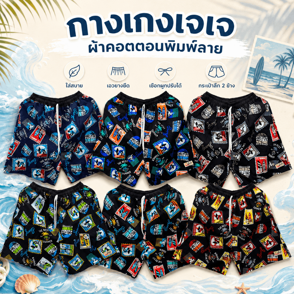 กางเกงเจเจ กางเกงขาสั้น ไซส์ M/L/XL "แสตมป์ฮาวาย" ร้านคละสีให้ ผ้านิ่มหนา ใส่สบาย Clothing ผู้ชาย ผู้หญิง