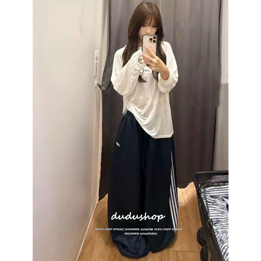 [Embroidered striped casual pants]เวอร์ชั่นเกาหลีเทรนด์กีฬาผู้หญิงเย็บปักถักร้อยลายขากว้างกางเกงลำลอง