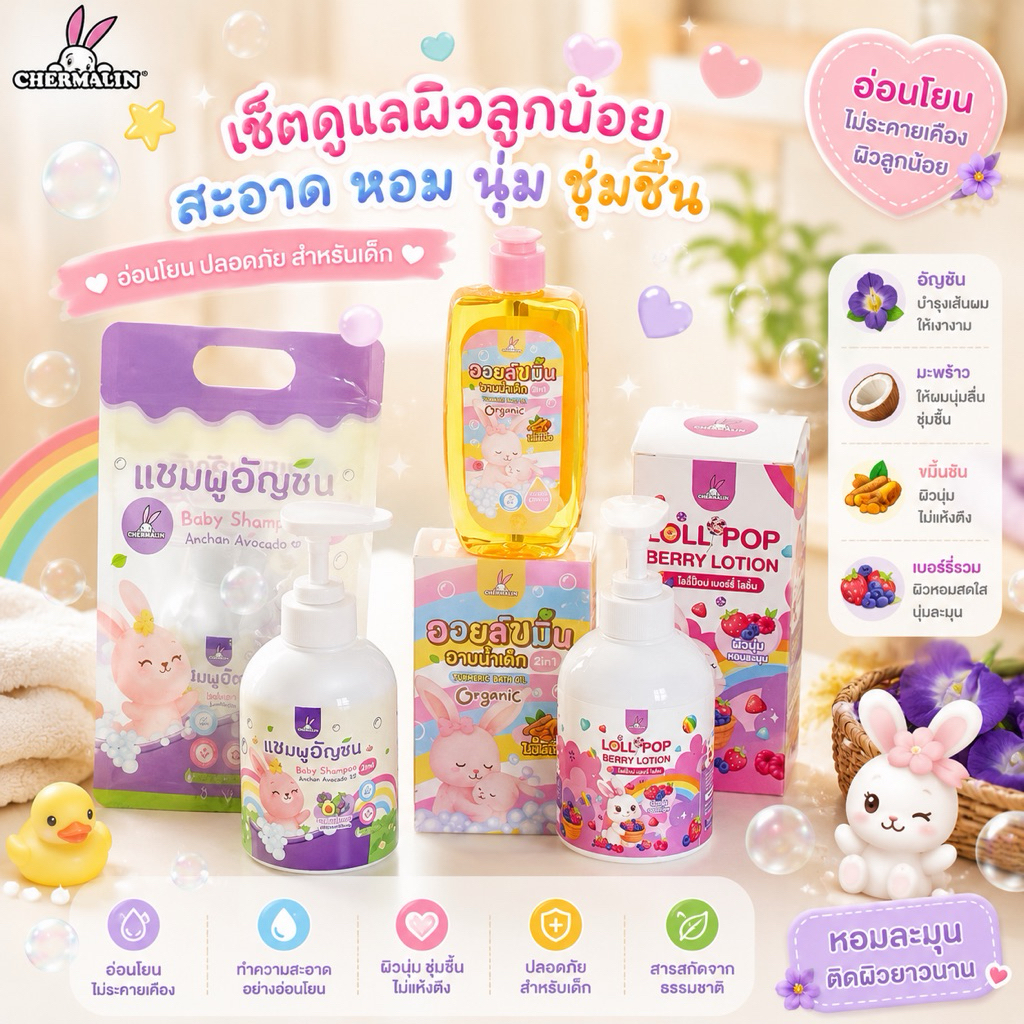 เซ็ต3ชิ้น แชมพูอัญชันอโวคาโด250ml.+ ออยล์ขมิ้น 250 ml + เบบี้โลชันโก๊ทมิลค์ 250 ml.และโลลี่ป๊อป เบอร์รี่ โลชั่น250 ml.