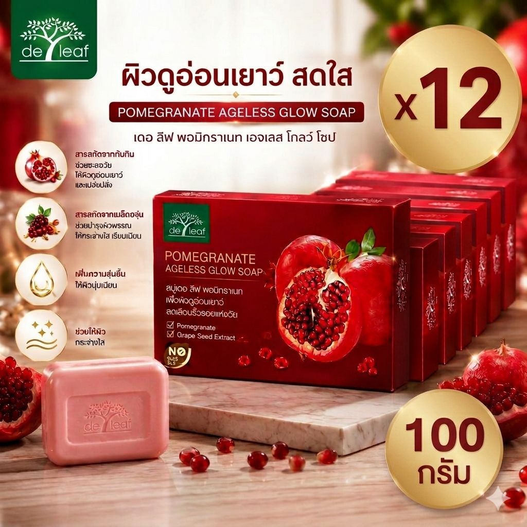 (แพ็ค 12 ก้อน) สบู่ทับทิม สบู่ เดอ ลีฟ พอมิกราเนท เอจเลสโกลว์ 100 กรัม De Leaf Pomegranate