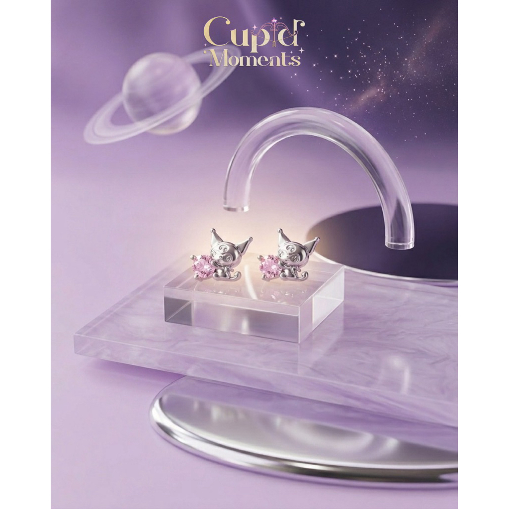(เงินแท้ S925) Kuromi Pink Mars Earrings ต่างหูคุโรมิคริสตัลชมพู