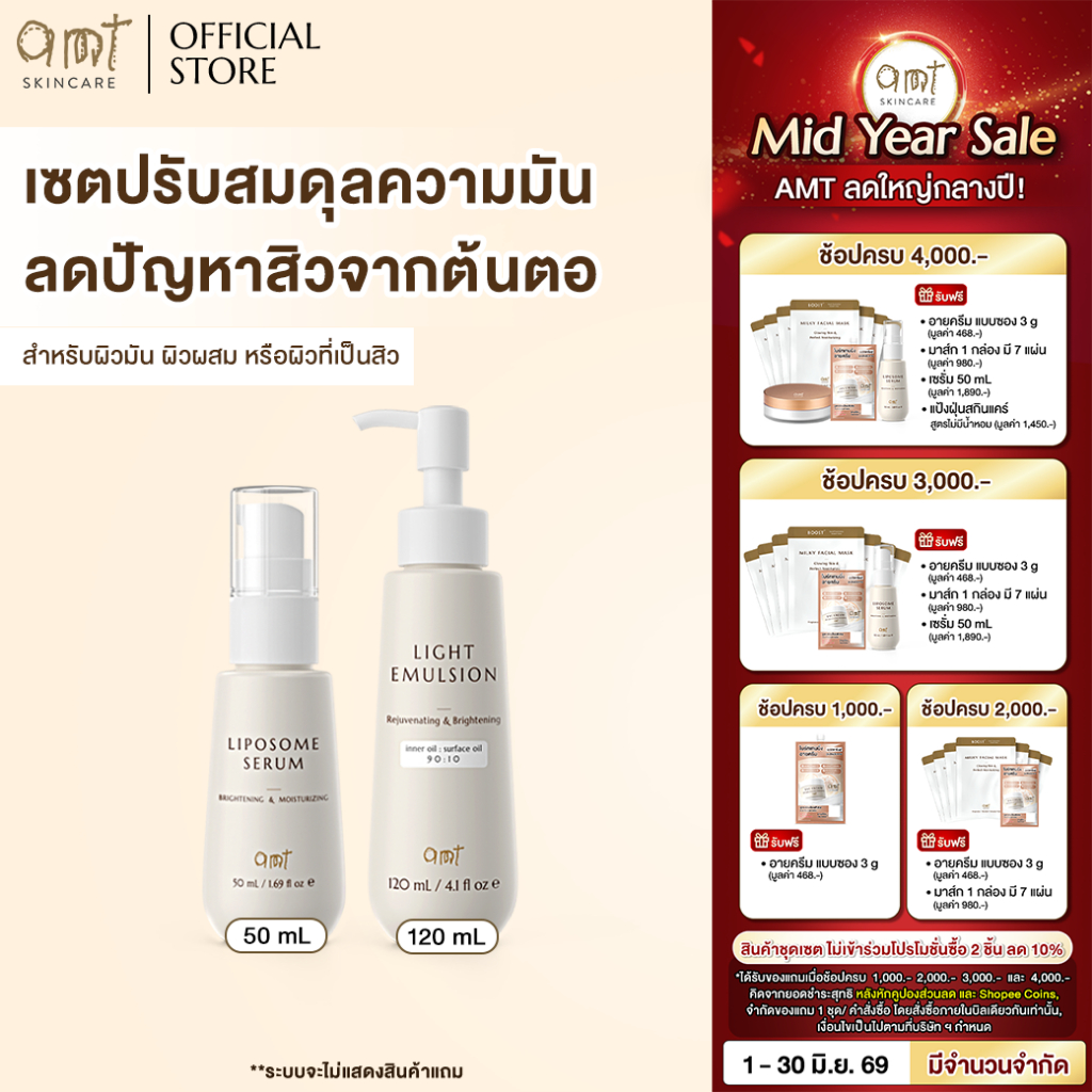 เซตผิวอิ่มน้ำ ปรับสมดุลความมัน ป้องกันสิวจากต้นตอ (สำหรับผิวมัน ผิวผสม ผิวเป็นสิว) - Serum 50mL & Light Emulsion 120mL