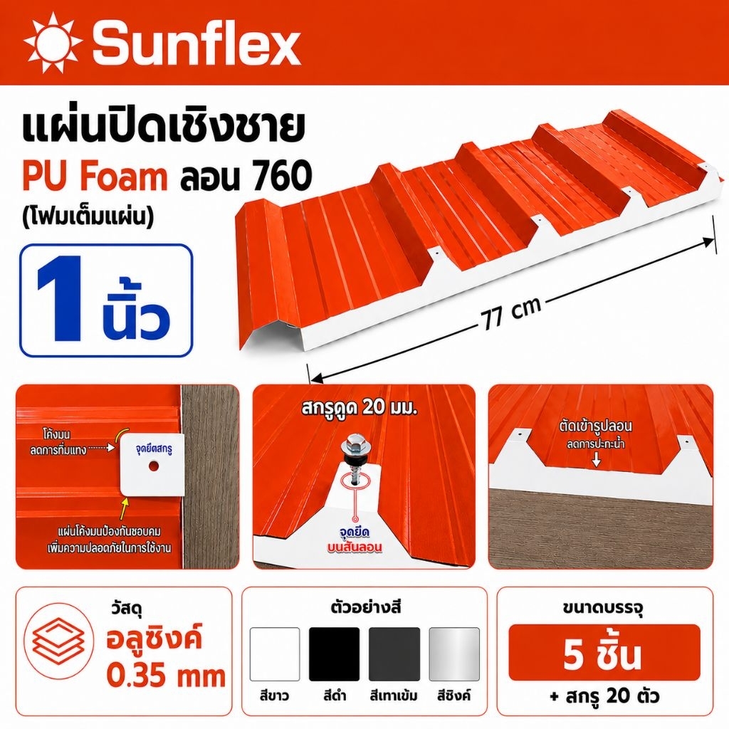แผ่นปิดเชิงชาย เมทัลชีท พียูโฟม ลอน# 760 หนา 1 นิ้ว(สีซิงค,สีดำ,สีขาว,สีเทา) (5 ชิ้น/กล่อง + สกรู 20 ตัว)