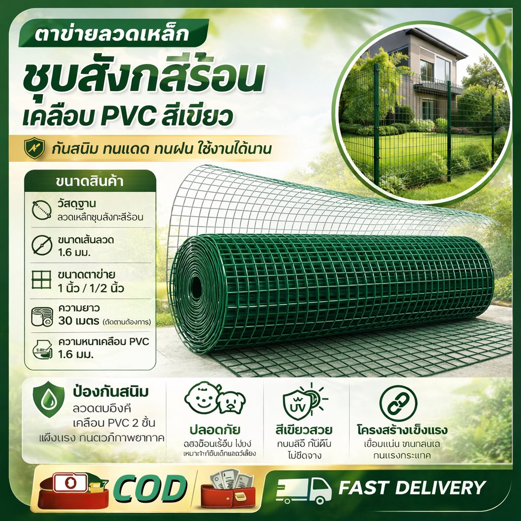 ลวดตาข่ายกันสนิมเคลือบPVC หนา1.6มม. ตา1" 1/2" สูง1-1.2ม. ยาว30ม. ล้อมไก่ กรงนก งานเกษตร