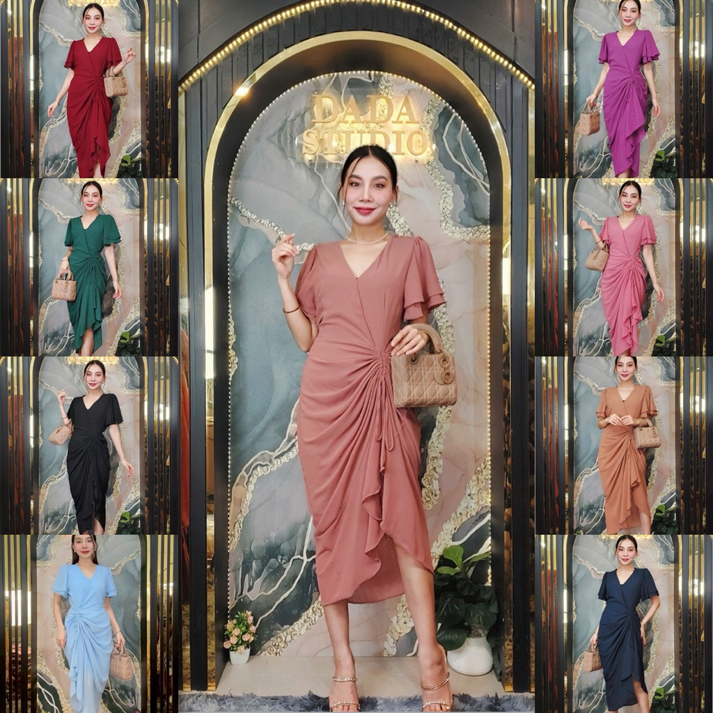 ชุดเดรสผ้าชีฟอง รหัส 279 แขนระบายคอวีกระโปรงรูดข้าง ผ้าสีพื้น