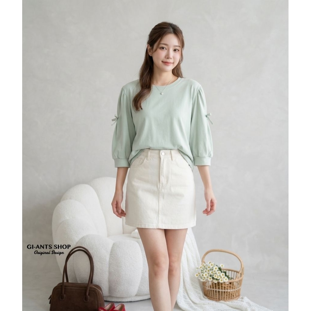 เสื้อยืดคอกลมแขนศอก แต่งโบว์สุดคิ้วท์