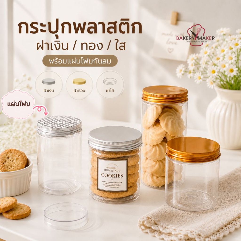 ส่งด่วน! กระป๋องพลาสติกใส พร้อมแผ่นโฟมใต้ฝา มี 2 ความสูง 10 ใบ กระปุกคุ้กกี้ ฝาเงิน ฝาทอง กระปุกใส คุกกี้ Bakerymaker