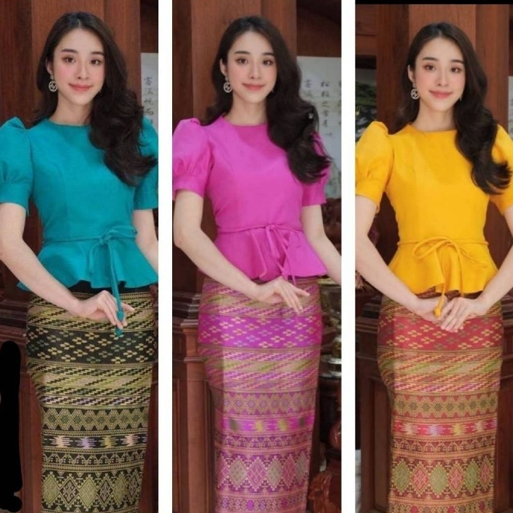 💯เสื้อไหมลาวคอกลมแขนตุ๊กตาเอวระบาย/มีเก็บปลายทาง​