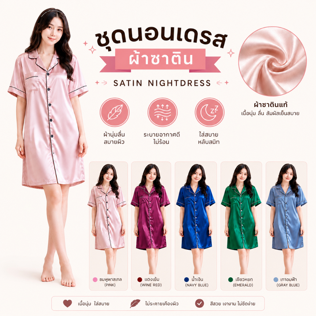 G113 ชุดนอน ชุดนอนกระโปรง ซาตินเดรส เนื้อนุ่มคุณภาพสูง สไตล์สีทึบ กระโปรงแขนสั้นสีพื้น
