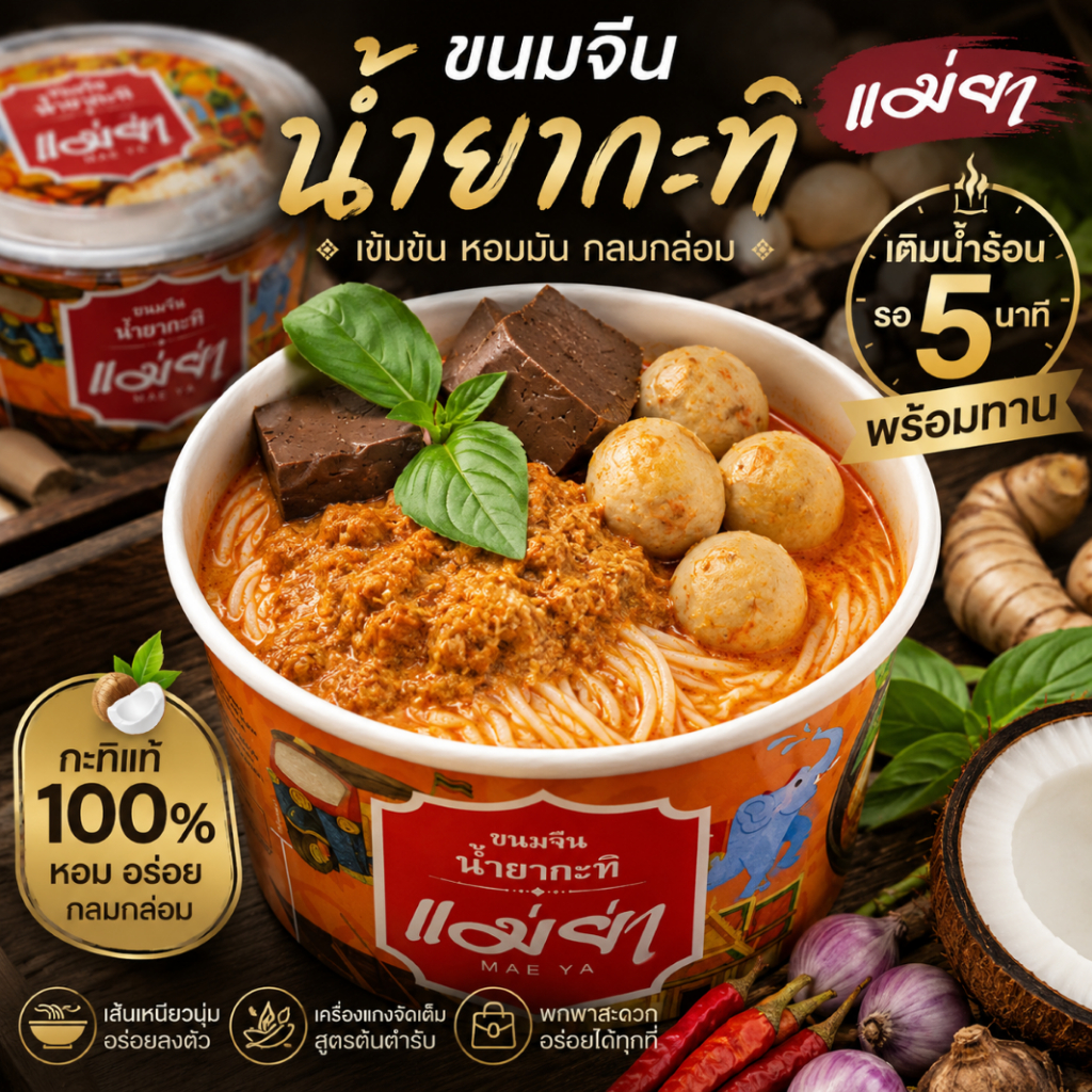 แม่ย่า ขนมจีนกึ่งสำเร็จรูป น้ำยากะทิ น้ำเงี้ยว น้ำยาป่า น้ำยาปักษ์ใต้ เขียวหวาน ถ้วยใหญ่ พร้อมทานใน 5 นาที