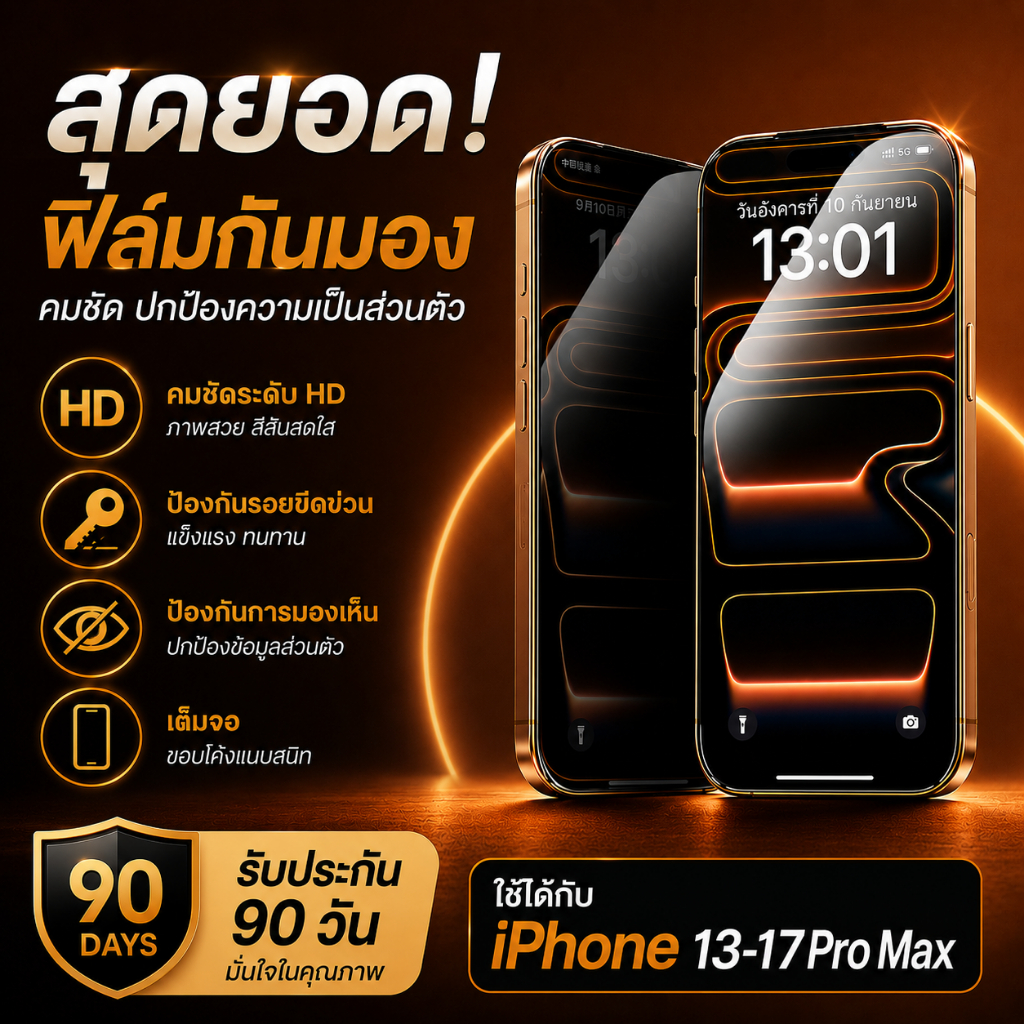 [ประกัน90วัน] ฟิล์มกระจกกันมอง iPhone 17 16 15 14 13 Pro Max กันเสือก เต็มจอ 3D เกรดพรีเมี่ยม ทัชลื่น ส่งไว