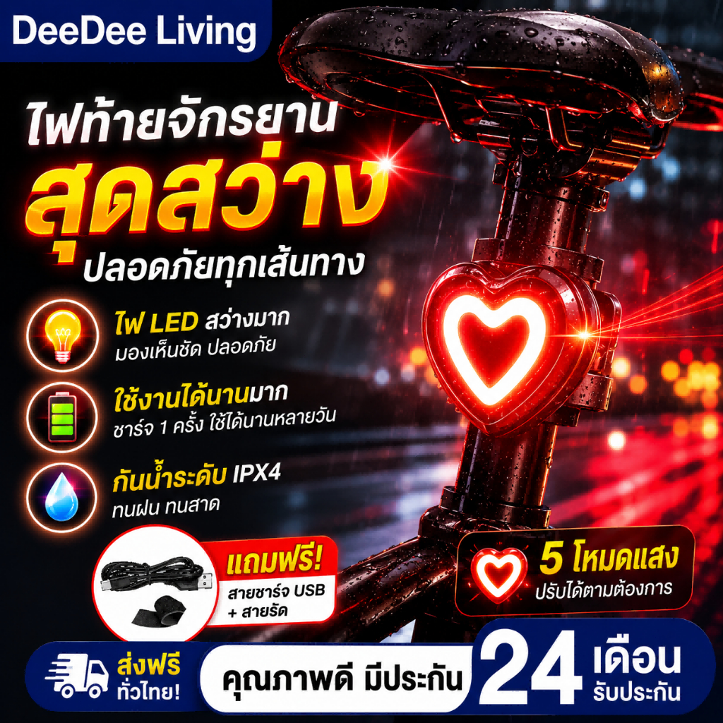DeeDee ไฟท้ายจักรยานอัจฉริยะเปิด ไฟท้ายจักรยาน ไฟจักรยาน ไฟท้าย IPX6 กันน้ํา ไฟเตือน 5 โหมด Type-C LED ชาร์จ มองเห็นได้