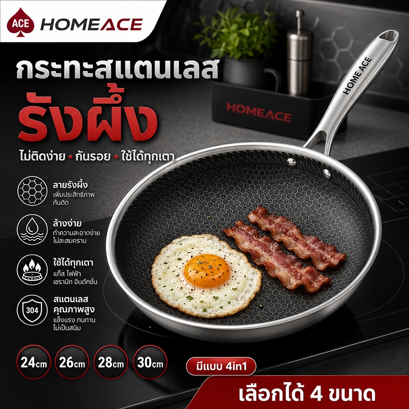 HOME ACE กระทะสแตนเลสรังผึ้ง 304 กระทะไม่ติด 24/26/28/30cm ใช้ได้ทุกเตา เตาแม่เหล็กไฟฟ้า กันรอย ล้างง่าย