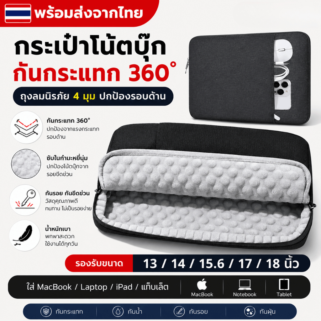 (พร้อมส่งจากไทย) กระเป๋าโน้ตบุ๊ก กันกระแทกถุงลมนิรภัย ซองแล็ปท็อป Laptop Sleeve ใส่ MacBook iPad แท็บเล็ต 15 16 17 18 นิ