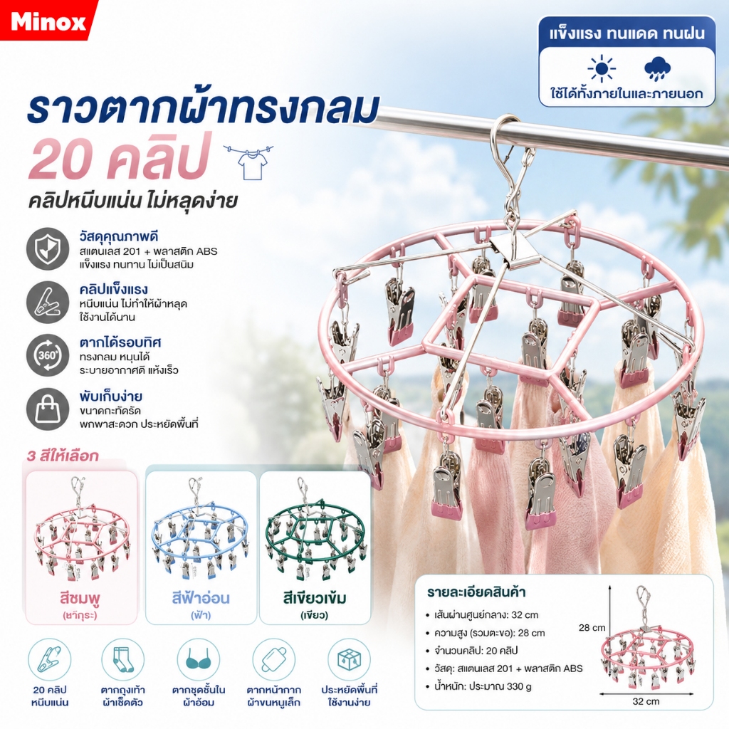 [ราคาส่วนลด ถูกที่สุด] ห่วงแขวนเสื้อผ้า ห่วงหนีบผ้า สเเตนเลสเคลือบซิลิโคน ป้องกันสนิม แบบสี่เหลี่ยม 20 ตัวหนีบ