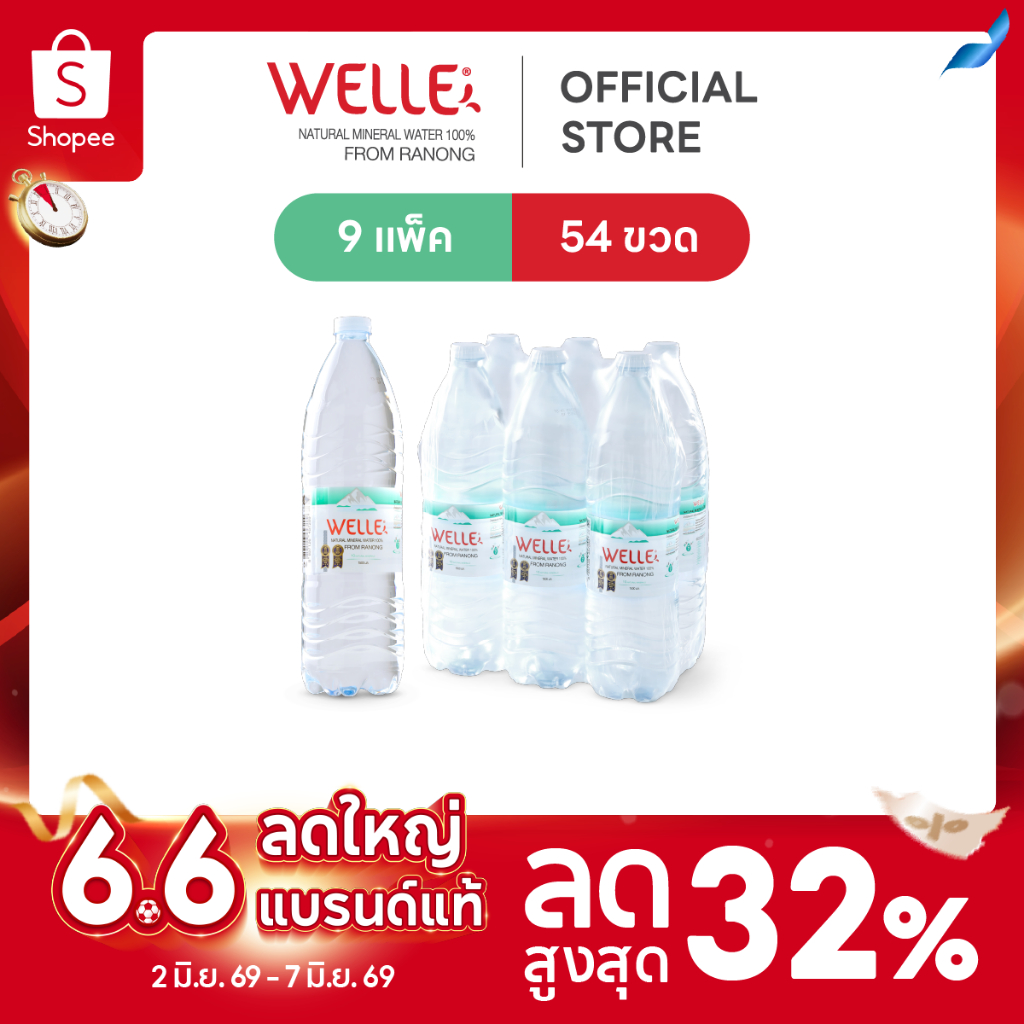 New (54 ขวด) Welle Mineral Water น้ำแร่เวลล์เล่ 1500 มิลลิลิตร 9 แพค จากแหล่งน้ำแร่ระนอง