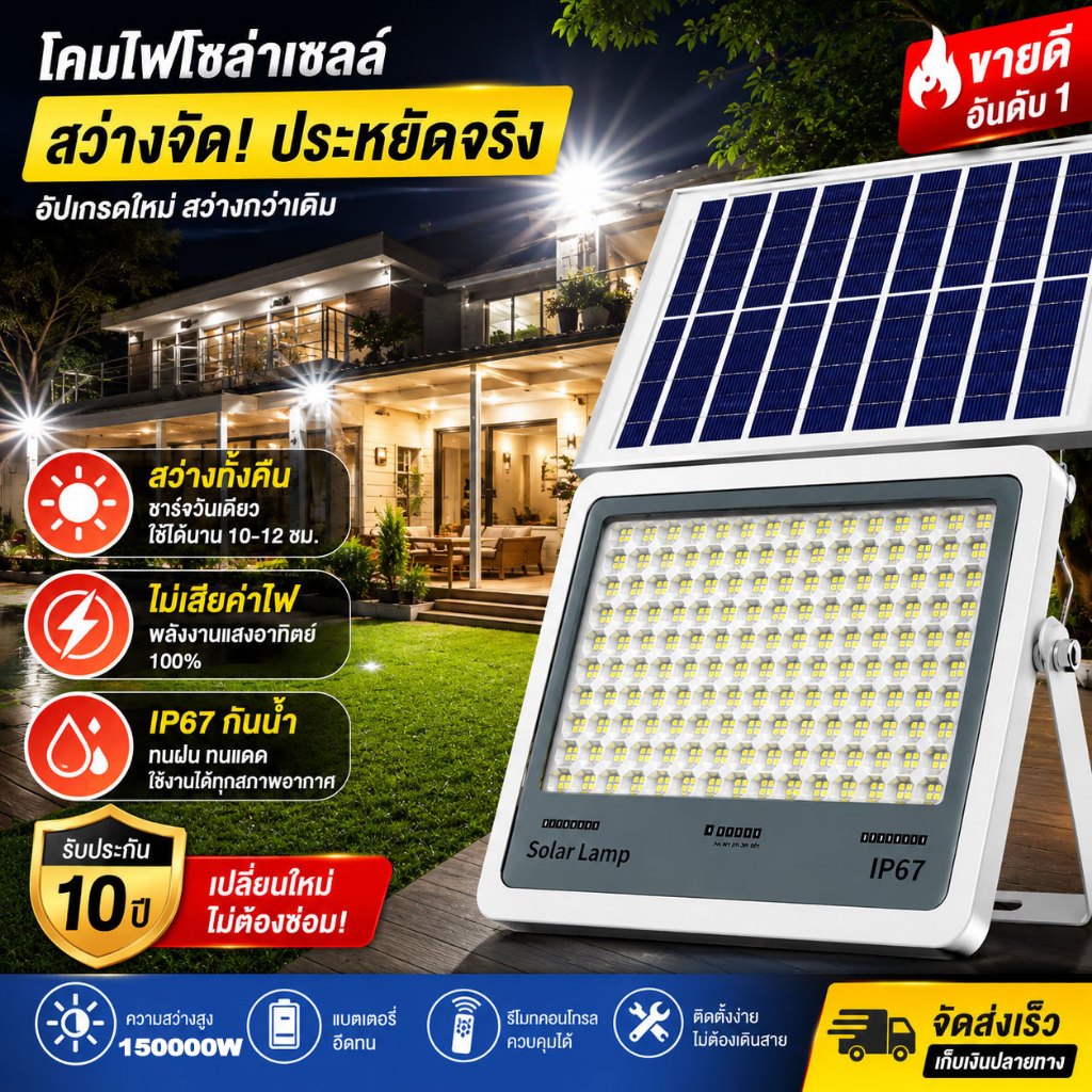 🔥COD🔥แสงสว่างจนถึงเช้า สว่างสุดๆทั้งคืน ไฟโซล่าเซลล์ สปอร์ตไลท์ led ไฟโซล่าเซล ไฟสปอตไลท์ กันฟ้าผ่า กันน้ำกลางแจ้ง ไฟ