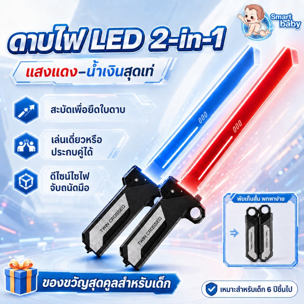 ดาบไฟ LED 2-in-1 สำหรับเด็ก ดาบคู่แสงแดง-น้ำเงิน สะบัดเพื่อยืดใบดาบ ของเล่นไซไฟพกพาง่าย เหมาะสำหรับเด็ก 6 ปีขึ้นไป