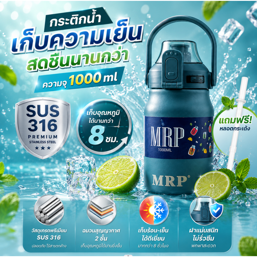 1000 ml. กระบอกน้ำสูญญากาศเก็บอุณหภูมิ MP-6500 termos  vaccum