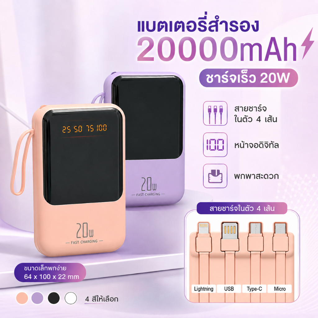พาวเวอร์แบงก์ 20000mAh ชาร์จเร็ว 20W สายในตัว 4 เส้น ครบทุกพอร์ต จอดิจิตอล แบตอึดทน พกง่าย รองรับทุกมือถือ พร้อมส่ง