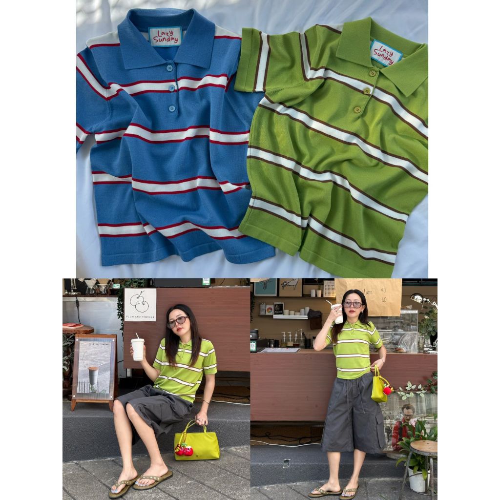 Lazy - cc - LUNA - เสื้อลายริ้วโปโล งานทอไหมพรมเนื้อเรียบนุ่ม (พร้อมส่ง)