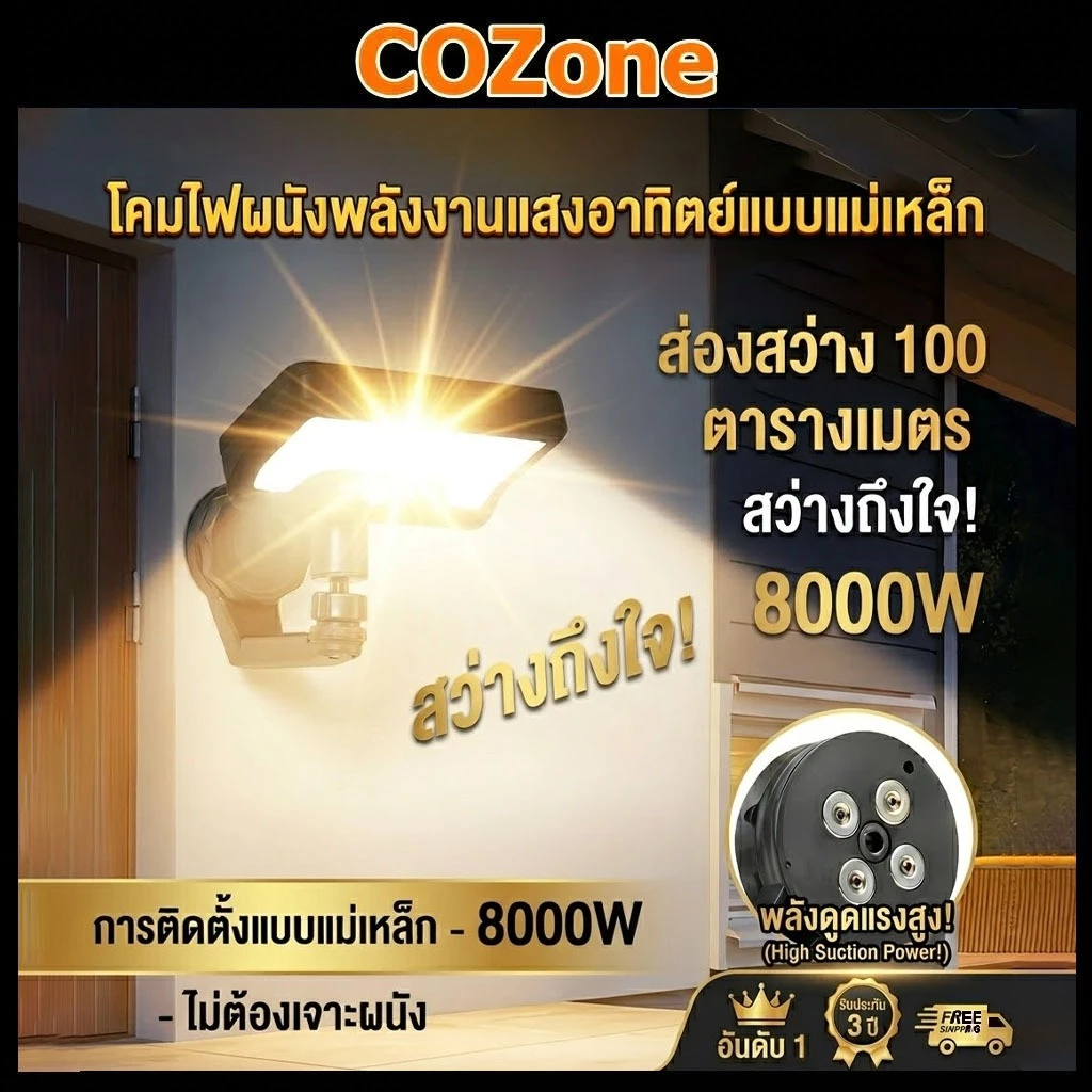 ไฟโซล่าเซลล์ โคมไฟ 8000W ไฟผนังโซล่าเซลล์ แม่เหล็กพกพา กันฝุ่น IP68 กันน้ำ สวนบ้าน ไม่ต้องเจาะผนัง ติดตั้งง่าย สว่างมาก