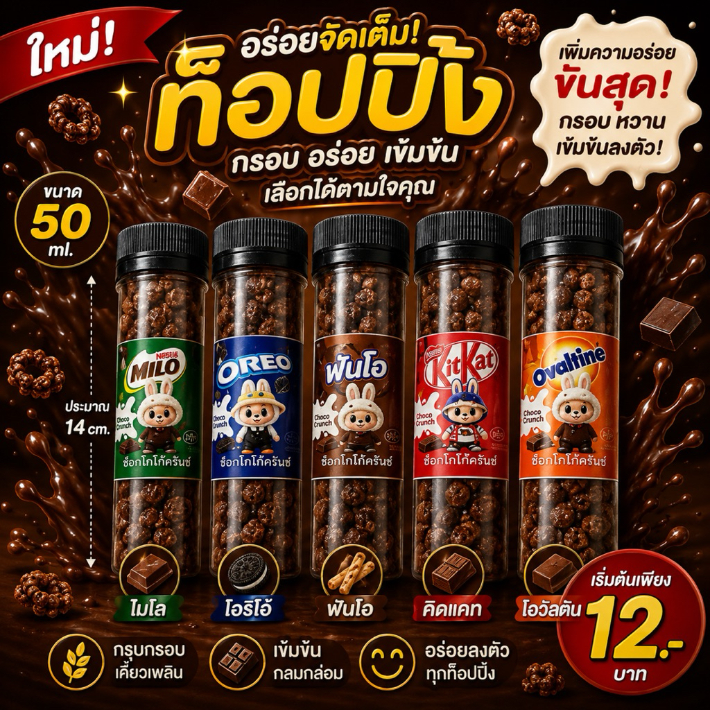 มินิโกโก้ครั้นเคลือบช็อกโกแลต แบบหลอดขนาด50ml. เข้มข้น (ขนาดเล็ก)