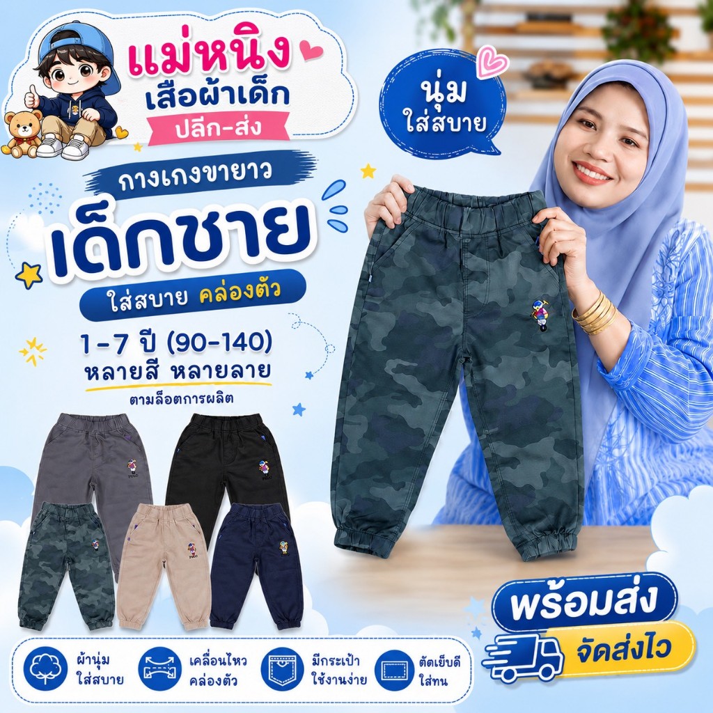 กางเกงขายาว🔥ปักหมี🔥ขาจั๊ม เด็กชาย ผ้าดีมาก สีสด  สีไม่ได้ตก  ผ้าไม่หด