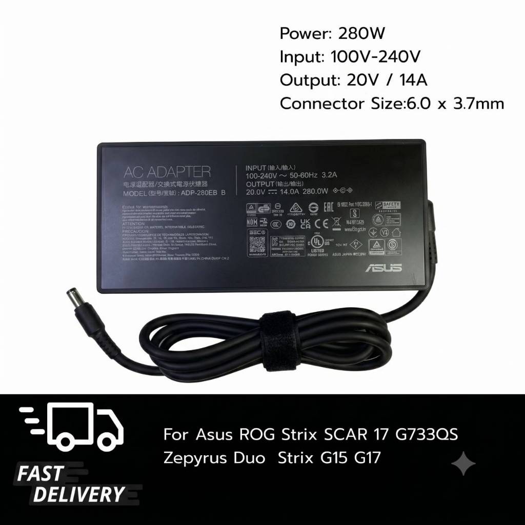 (ประกัน 18 เดือน) สายชาร์จ โน๊ตบุ๊ค for ASUS ROG Zephyrus Duo 16 GX650 280W อะแดปเตอร์ สายไฟ มอก. Asus024