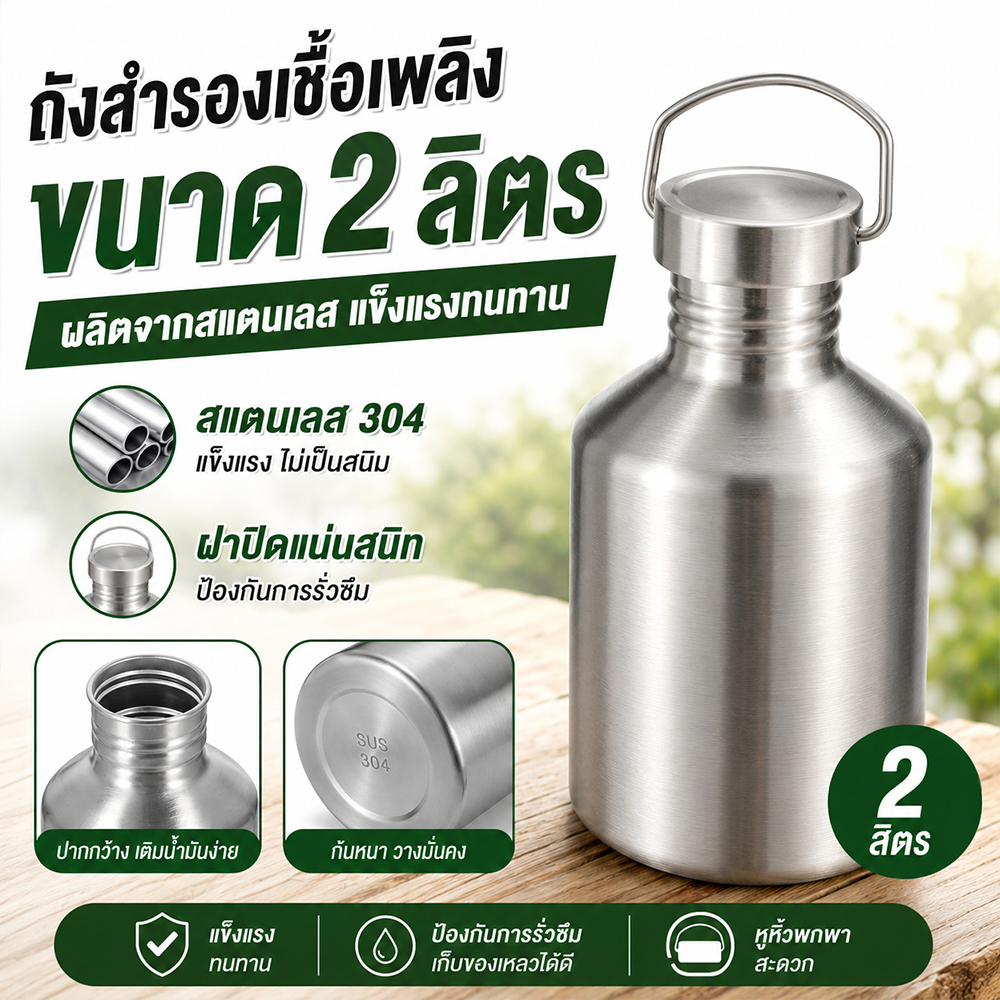 กระบอกน้ำมันสแตนเลส 304 ขนาด 2 ลิตร กันรั่ว มีหูจับแข็งแรง เก็บได้ทั้งน้ำและน้ำมัน พกพาสะดวก ทนทาน กันสนิม ไม่บุบง่าย