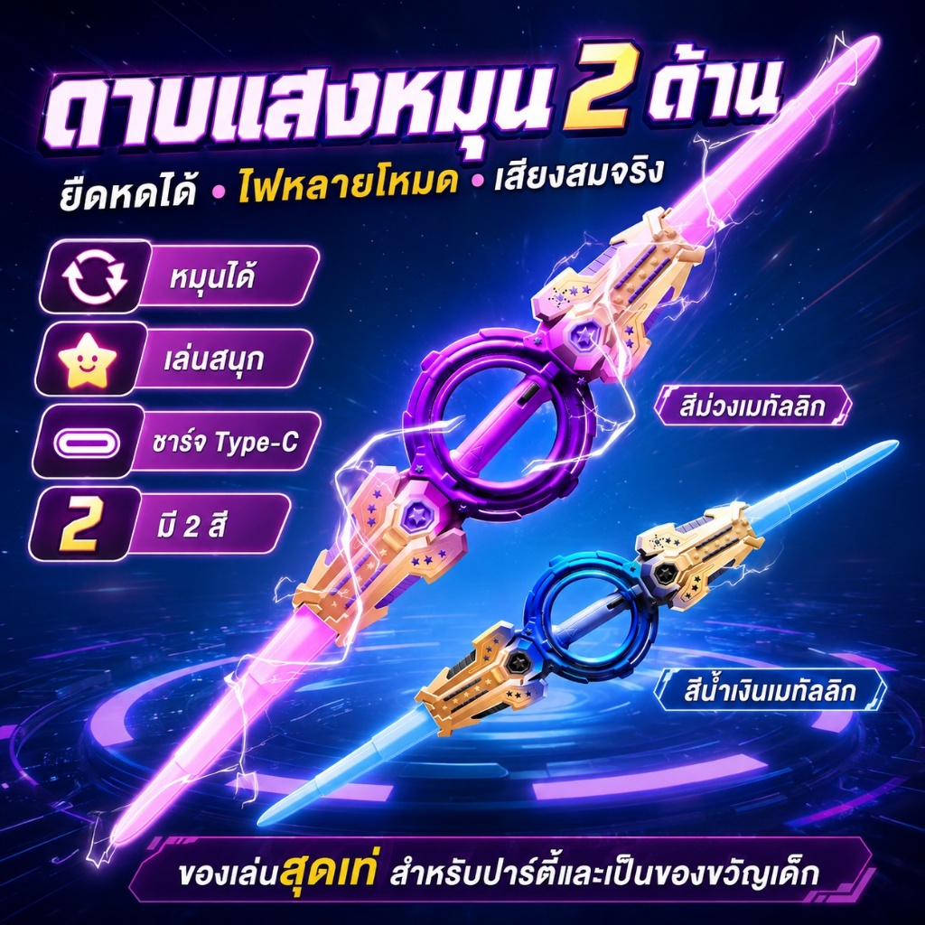 ดาบเลเซอร์ ดาบแสงของเล่นเด็ก 2 ด้าน หมุนได้ ยืดหดได้ ชาร์จ Type-C ไฟหลายโหมดหลายสี เสียงสมจริง พร็อพปาร์ตี้ ของขวัญเด็ก